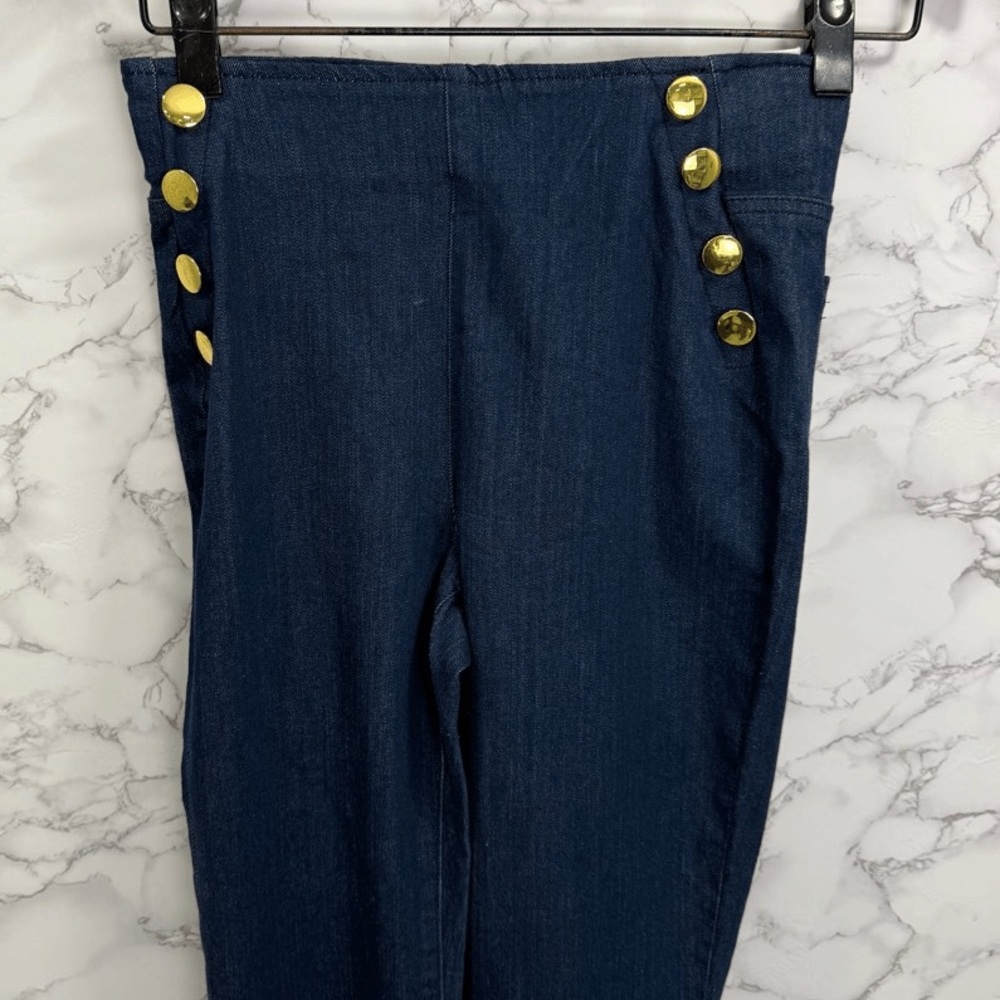 EUC INC DESIGN Gold Button Dark Blue Jeans Pull-On Flare Wide Leg ๐TRENDY! - Picture 8 of 16